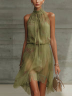 Green Floral Tie-Waist Chiffon Mini Dress
