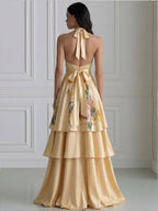 Floral Tiered Halter Satin Evening Gown