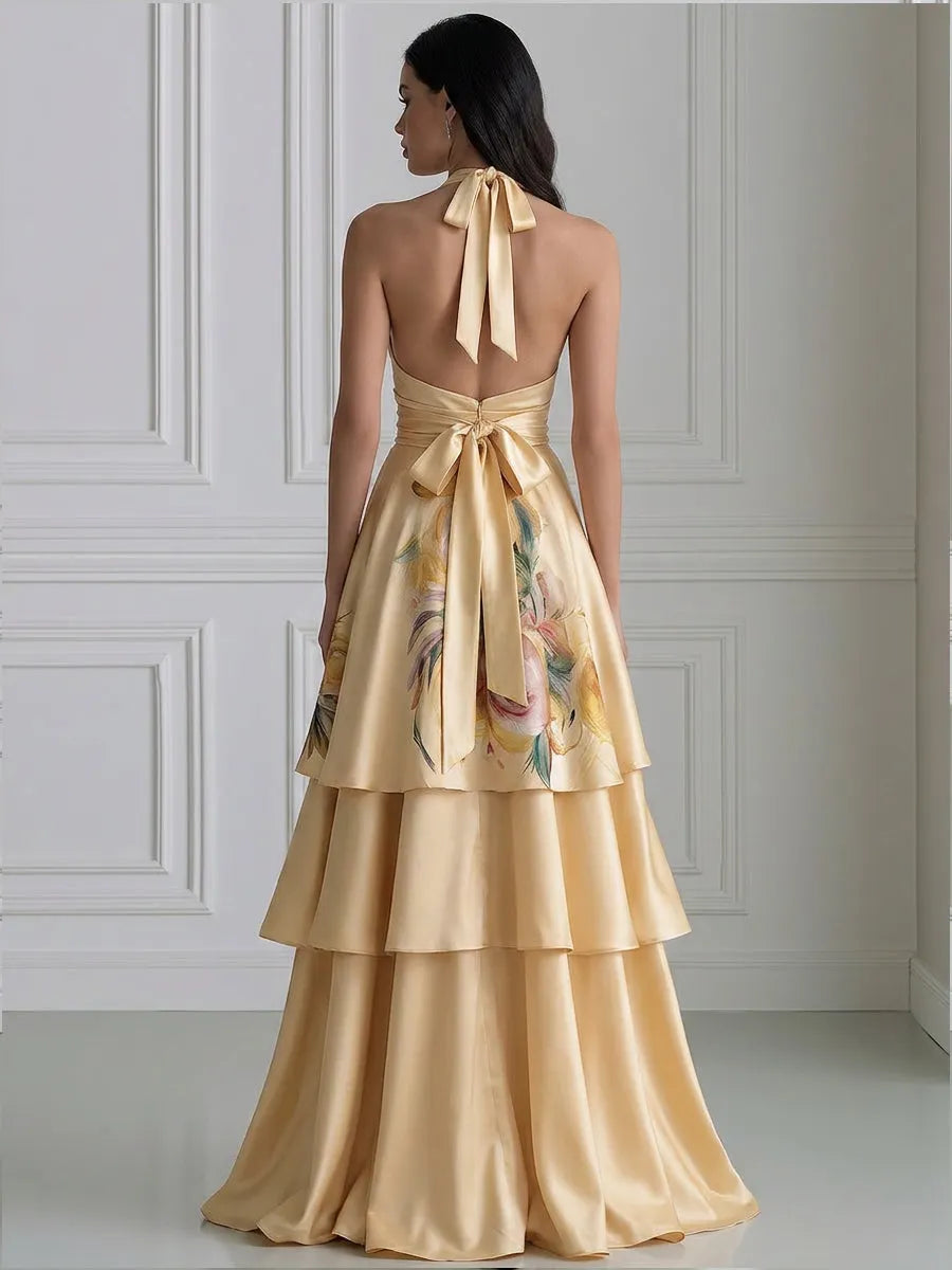 Floral Tiered Halter Satin Evening Gown