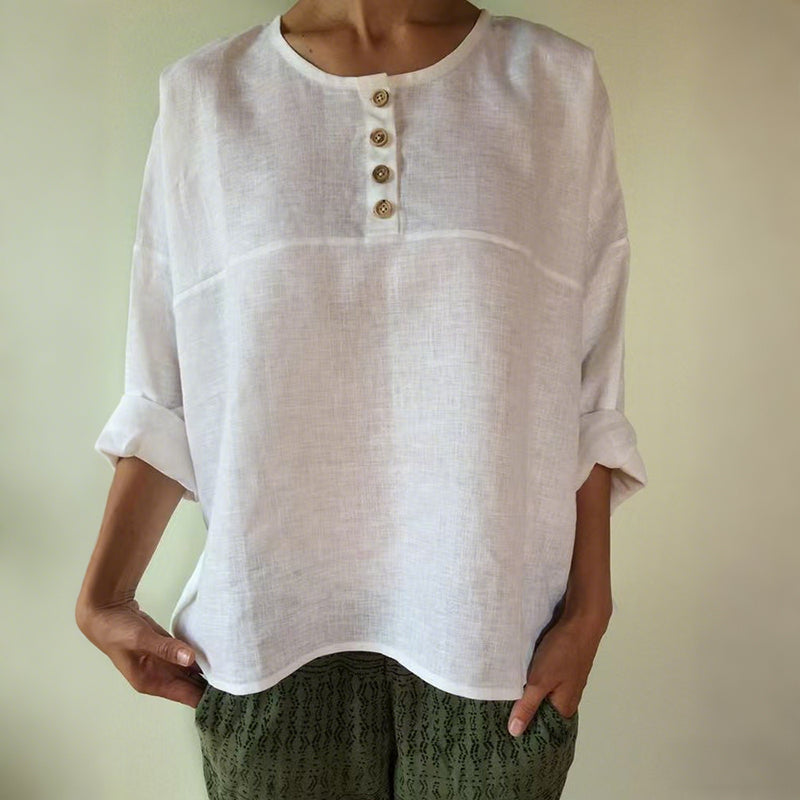 Solid Color Patchwork Long-sleeved Cotton And Linen Button Shirt