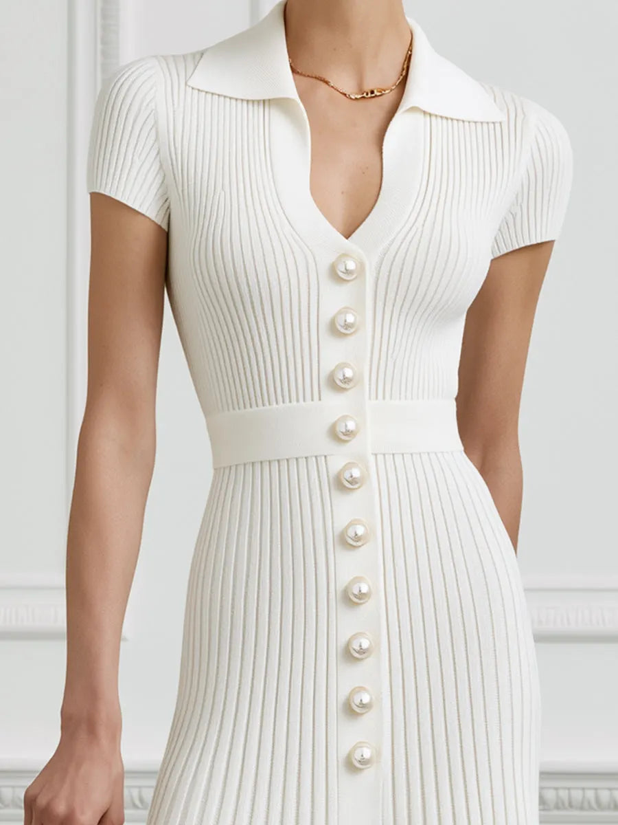 Ribbed Knit Pearl-Button Polo Midi Dress