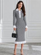 Houndstooth Contrast Collar Ruffle Flounce Cuffs & Hem Midi Dress