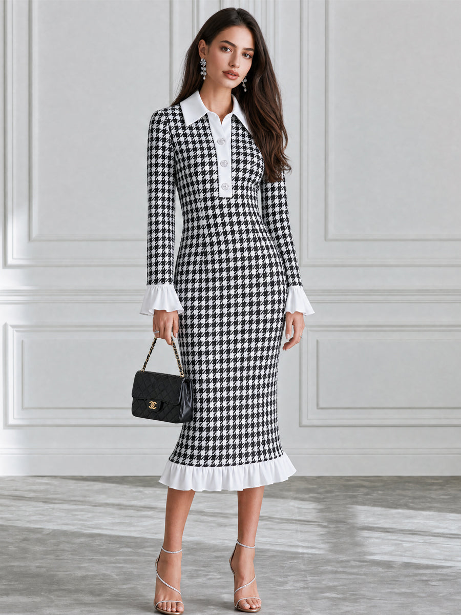 Houndstooth Contrast Collar Ruffle Flounce Cuffs & Hem Midi Dress
