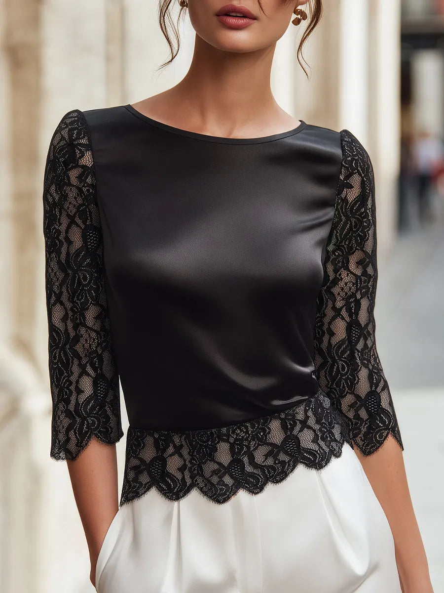 Lace-Sleeve Contrast Paneled Structured Top