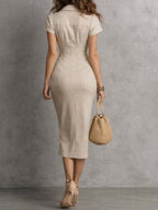 Sand Cotton-Linen Ruched Midi Dress
