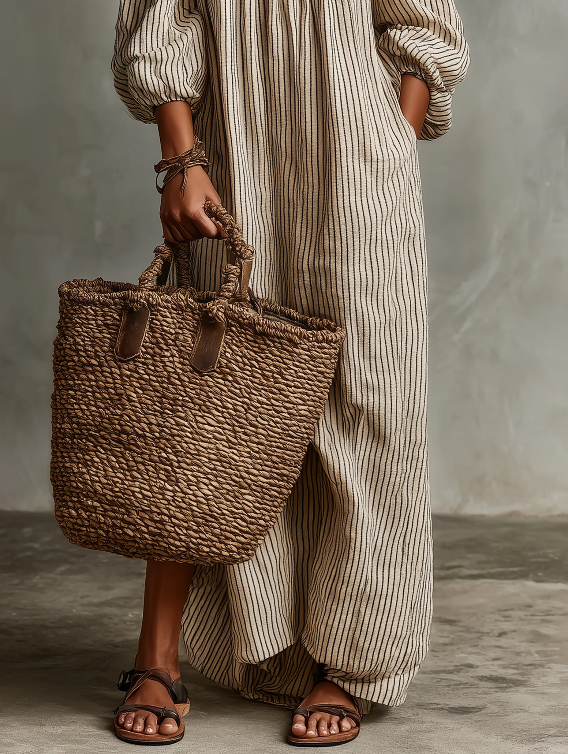Vacation Beige Striped Off-Shoulder Long-Sleeved Maxi Dress