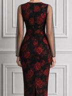 Black Red Rose Print Sheer Sleeve Pencil Midi Dress