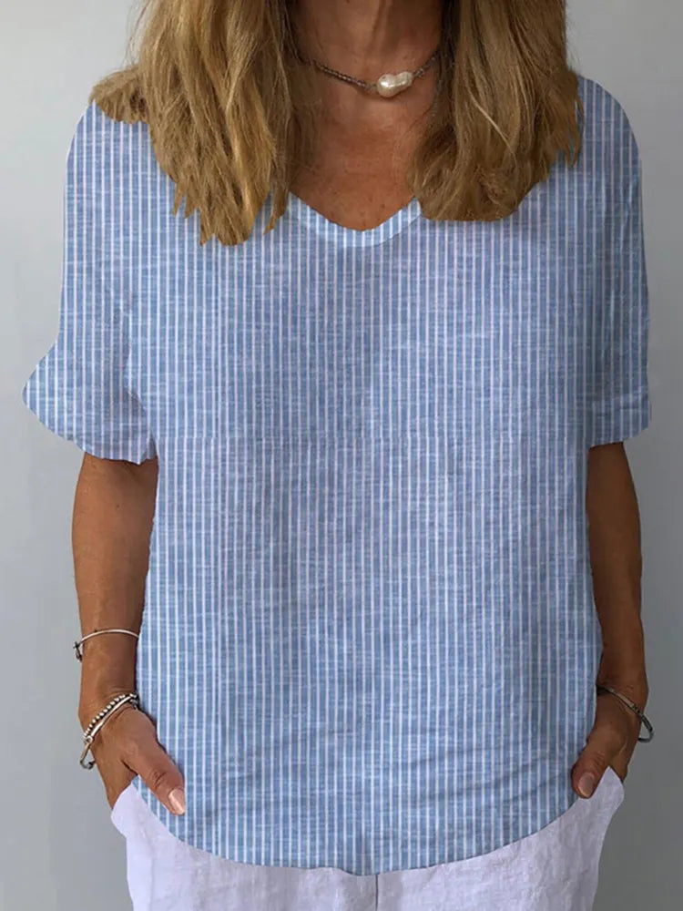 Women's Retro Striped Cotton And Linen Top