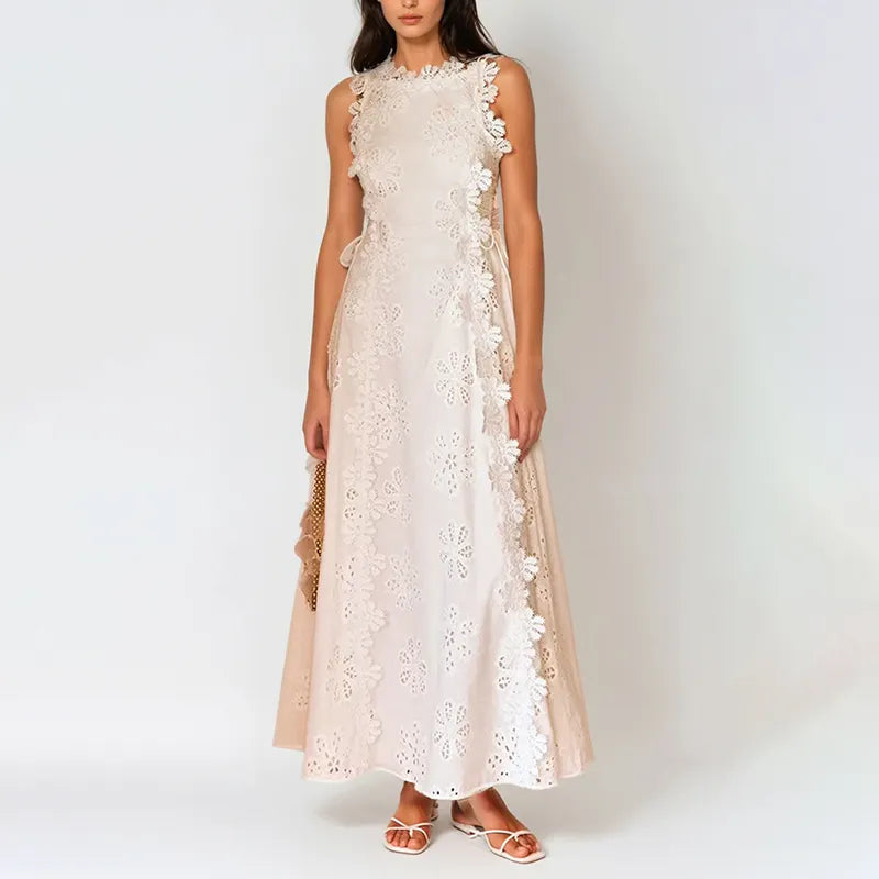 Women's Delicate Lace Hook And Lace Up Sides Maxi Dress