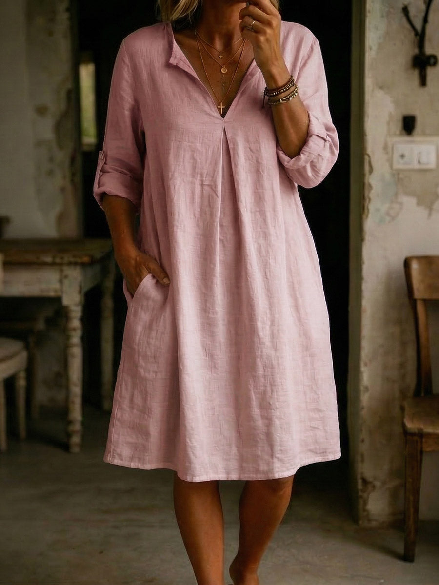 Women's V-neck Pleated Long-sleeve Dress