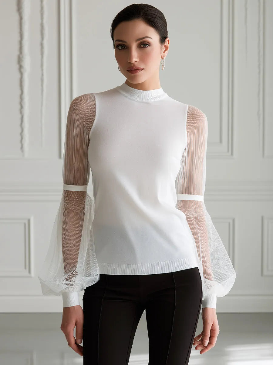 Mock-Neck Sheer Pleated Balloon Sleeve Knit Top