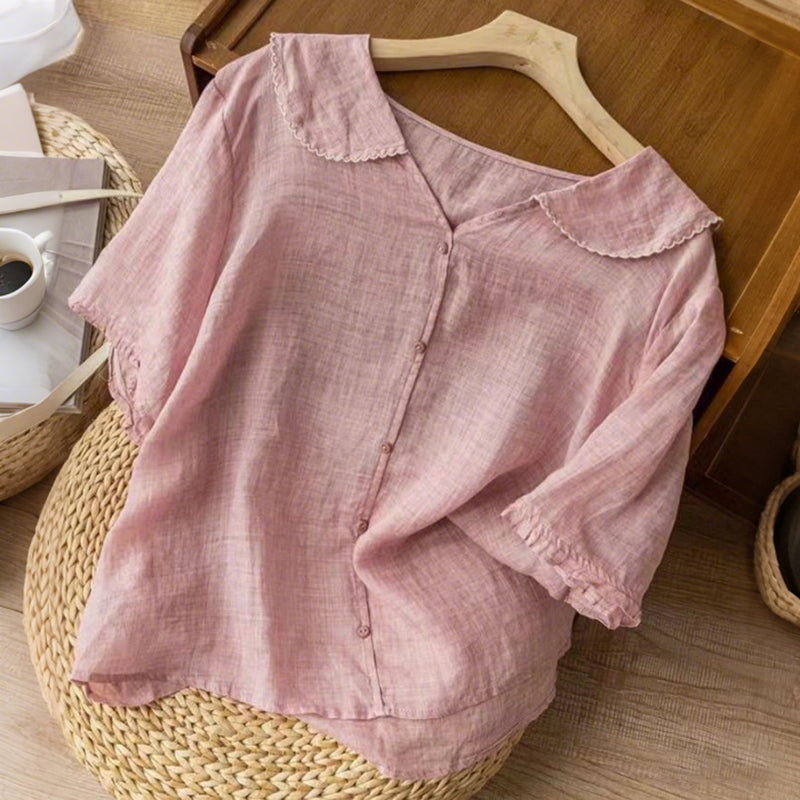 Women's Casual Short-sleeved Sailor Collar Linen Blend Blouse