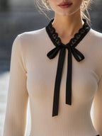 Lace-Trimmed Bow-Tie Ribbed Structured Top