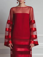 Bateau Neck Sheer Mesh Satin-Stripe Bell Sleeve Shift Midi Dress