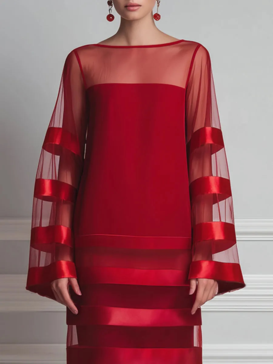 Bateau Neck Sheer Mesh Satin-Stripe Bell Sleeve Shift Midi Dress