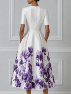 Ivory Purple Watercolor Iris Print Round Neck Pleated A-Line Midi Dress
