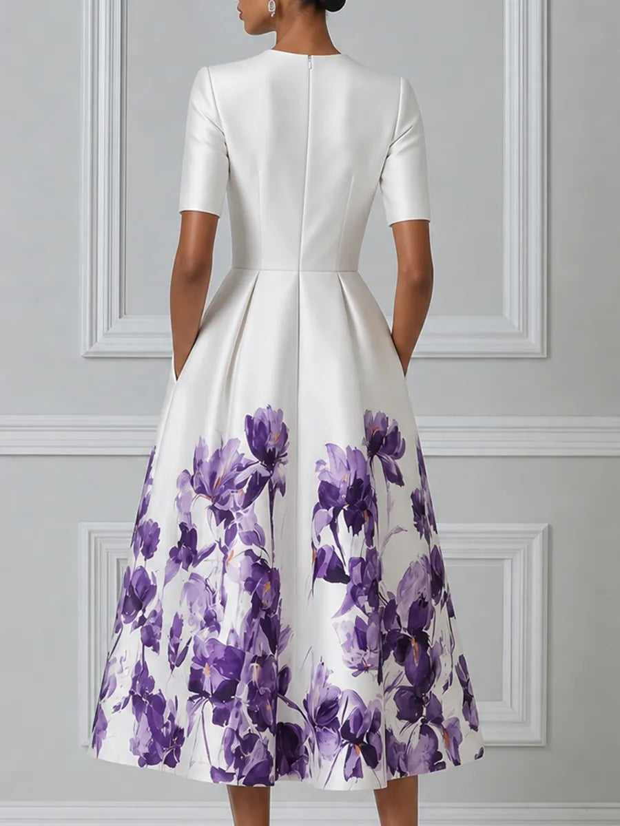 Ivory Purple Watercolor Iris Print Round Neck Pleated A-Line Midi Dress