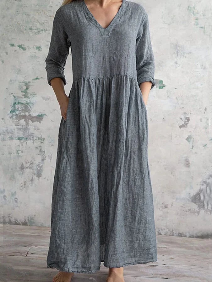 V-Neck Solid Color Vintage Dress