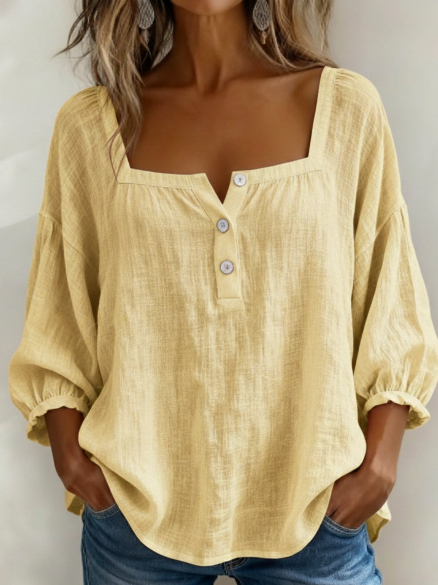 Women's Retro Casual Early Spring Square Collar Button Bubble Sleeve Cotton Shirt