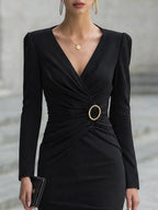 V-Neck Gold-Tone Ring Ruched Midi Dress