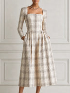 Ivory Plaid Square Neck Long Sleeve Pleated A-Line Midi Dress