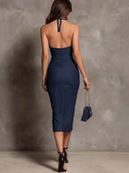 Retro Halter-Neck Ruched Midi Dress With Slit Hem