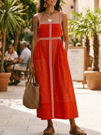 Effortless Resort Linen Contrast-Stripe Wide-Strap Tomato Red A-Line Maxi Dress