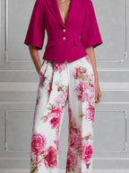 Fuchsia Cropped Blazer & Pink Rose Wide Leg Trousers Set