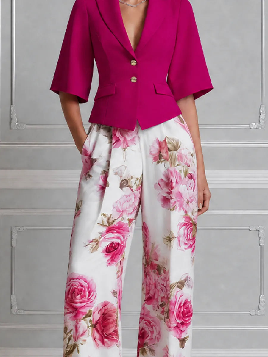 Fuchsia Cropped Blazer & Pink Rose Wide Leg Trousers Set