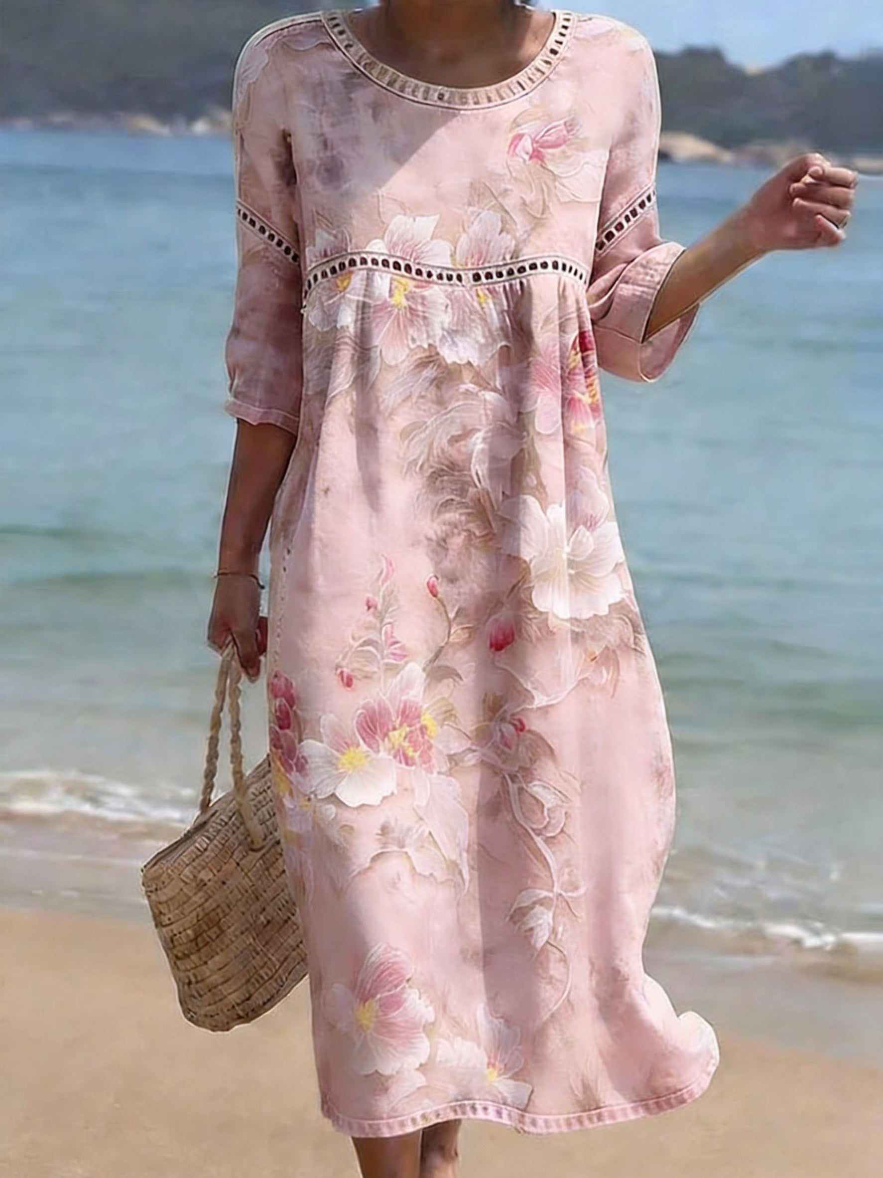 Women's Folk Flowers Print Crew Neck Cotton Pocket Dress