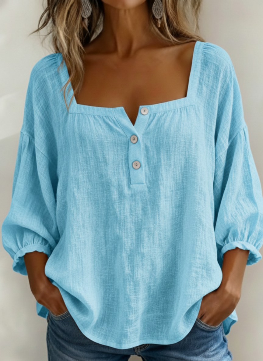 Women's Retro Casual Early Spring Square Collar Button Bubble Sleeve Cotton Shirt