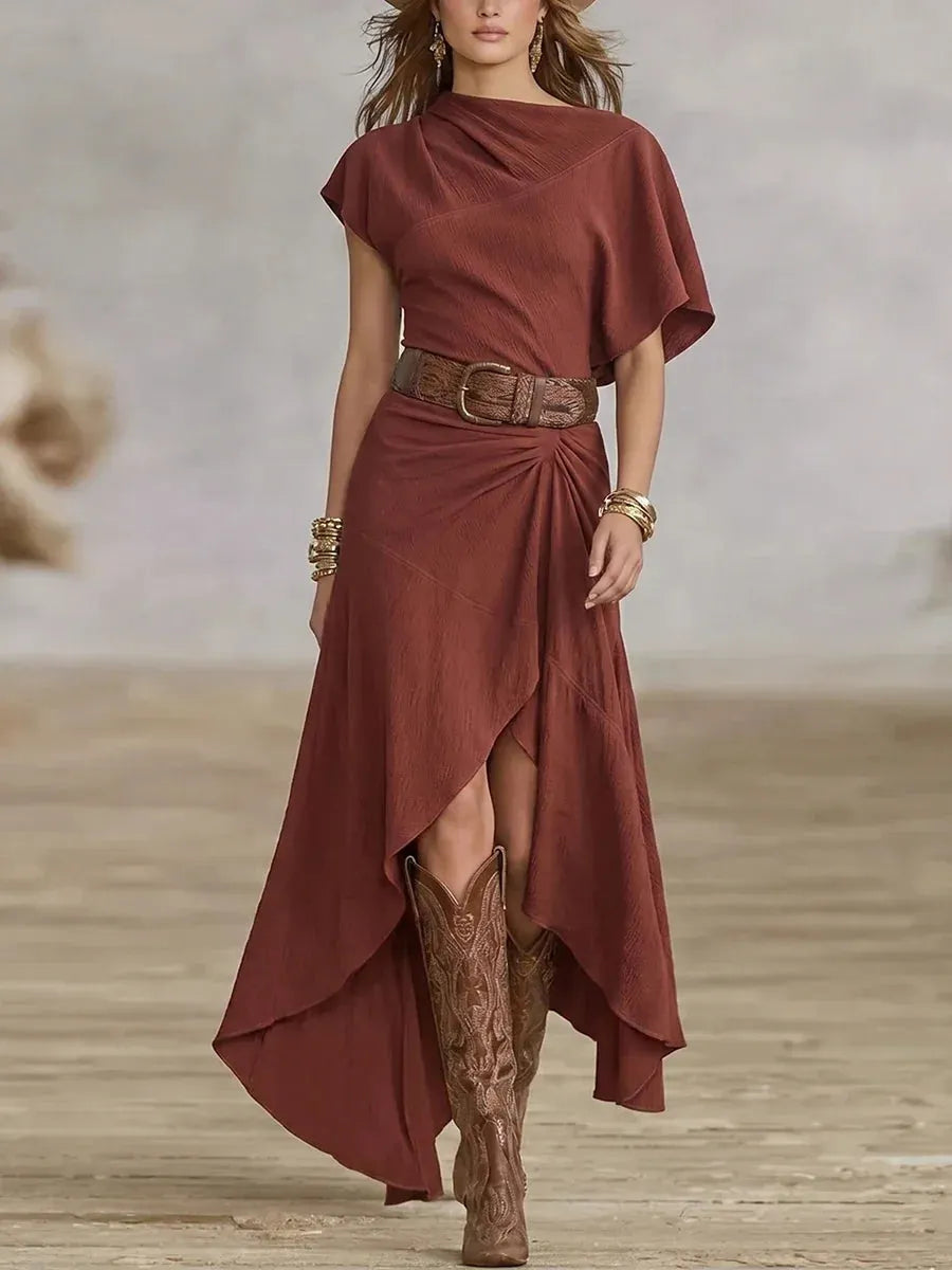 Rust Red Asymmetric Neck Ruched Waist Irregular High Slit Maxi Dress