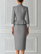 Grey Pinstripe Stand Collar Single Breasted Peplum Tailored Jacket & Pencil Skirt Two-Piece Suit Set