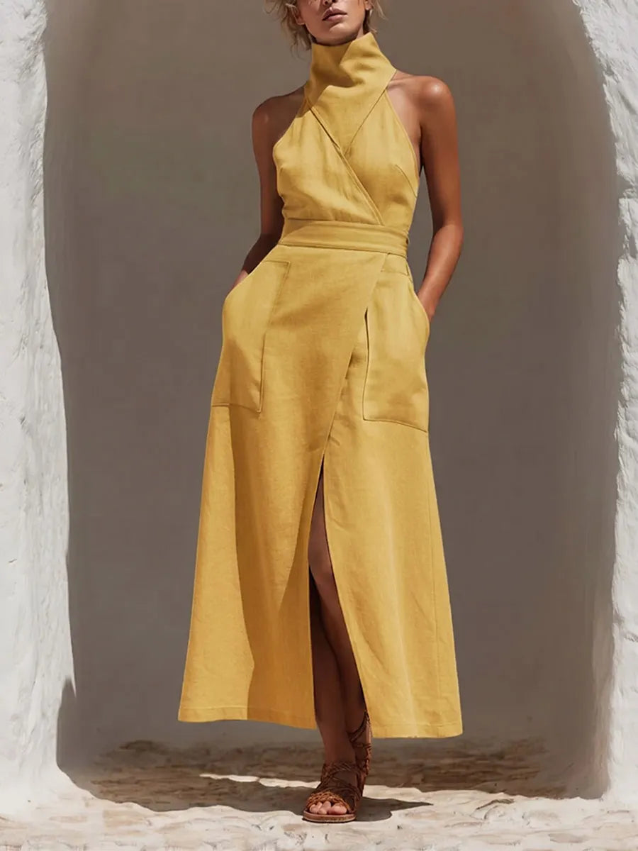 Women's Solid-color Stand-collar Sleeveless Loose-fit Cotton-linen Top & High-waisted A-line Skirt Two-piece Set