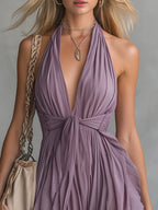 Stylish Halter Neck V-neck Sleeveless Chiffon Maxi Dress
