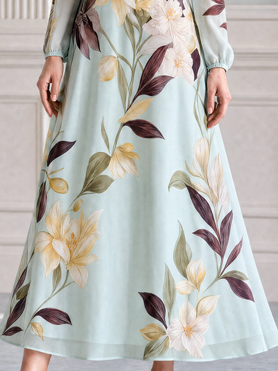 Light Mint Floral Print Long Sleeve Midi A-line Dress