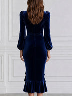 Velvet Wrap Puff Sleeve Ruched Ruffle Midi Dress