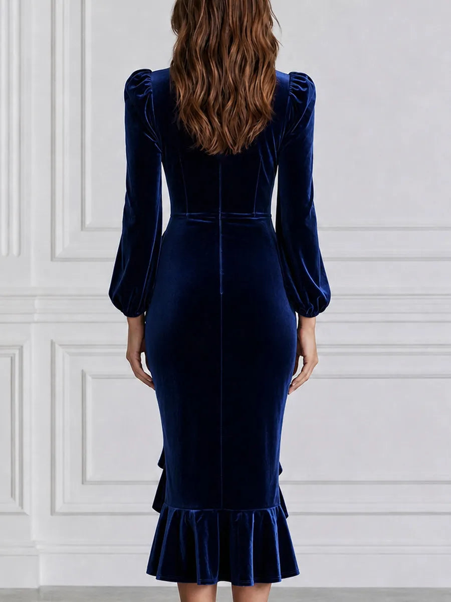 Velvet Wrap Puff Sleeve Ruched Ruffle Midi Dress