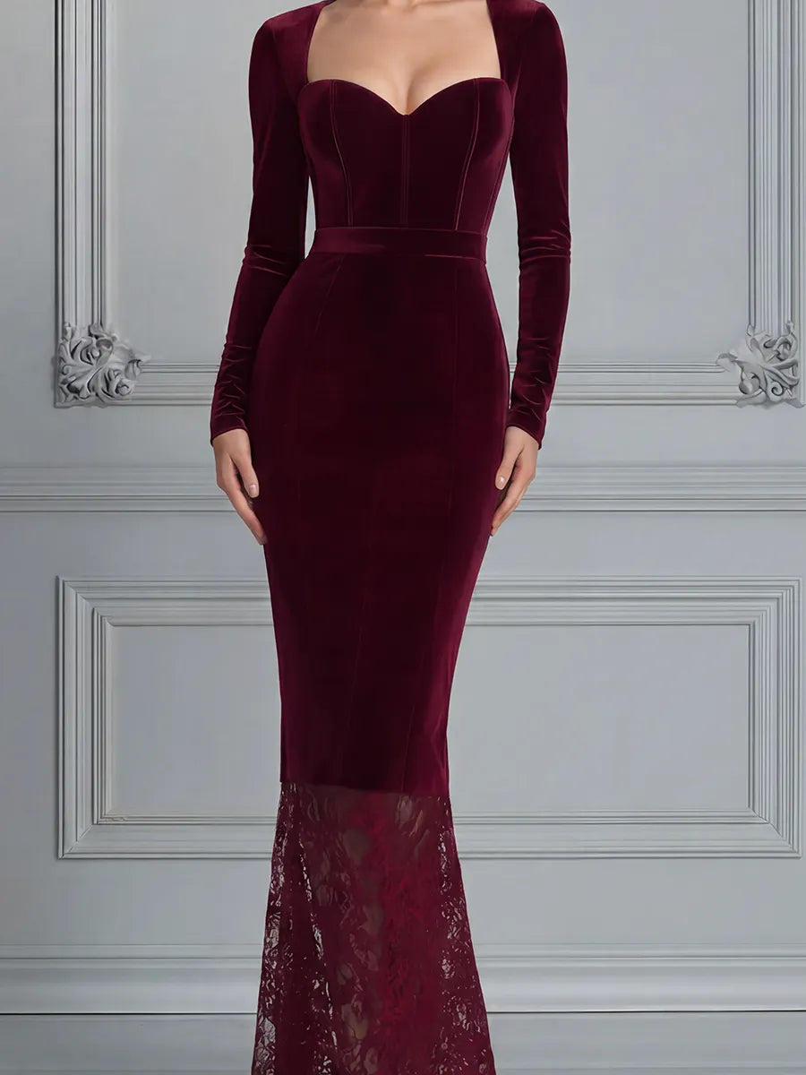 Red Dress Lace Hem Fall Wedding Guest Dress Velvet Mermaid Maxi Dress