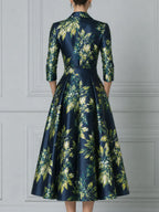 Navy Green Watercolor Floral Print Satin Lapel Fit And Flare Midi Dress