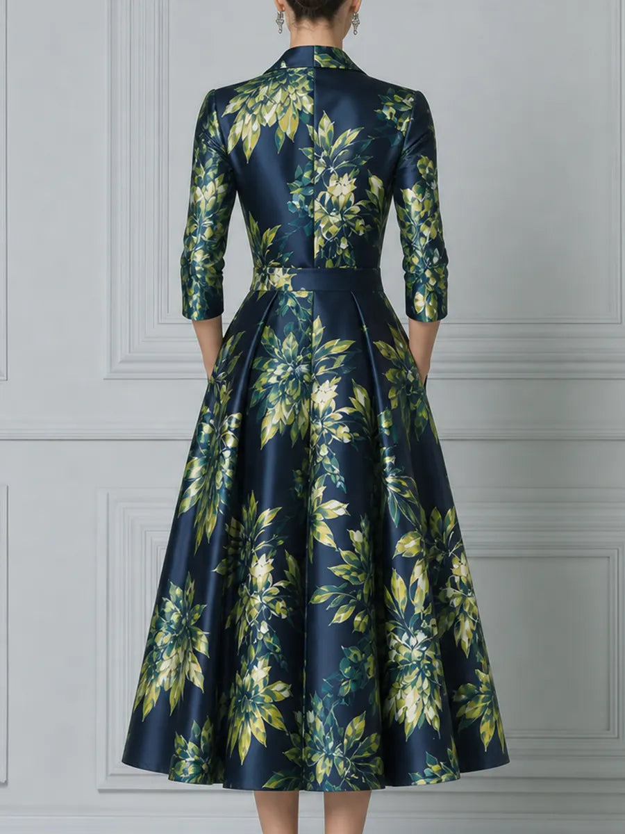 Navy Green Watercolor Floral Print Satin Lapel Fit And Flare Midi Dress