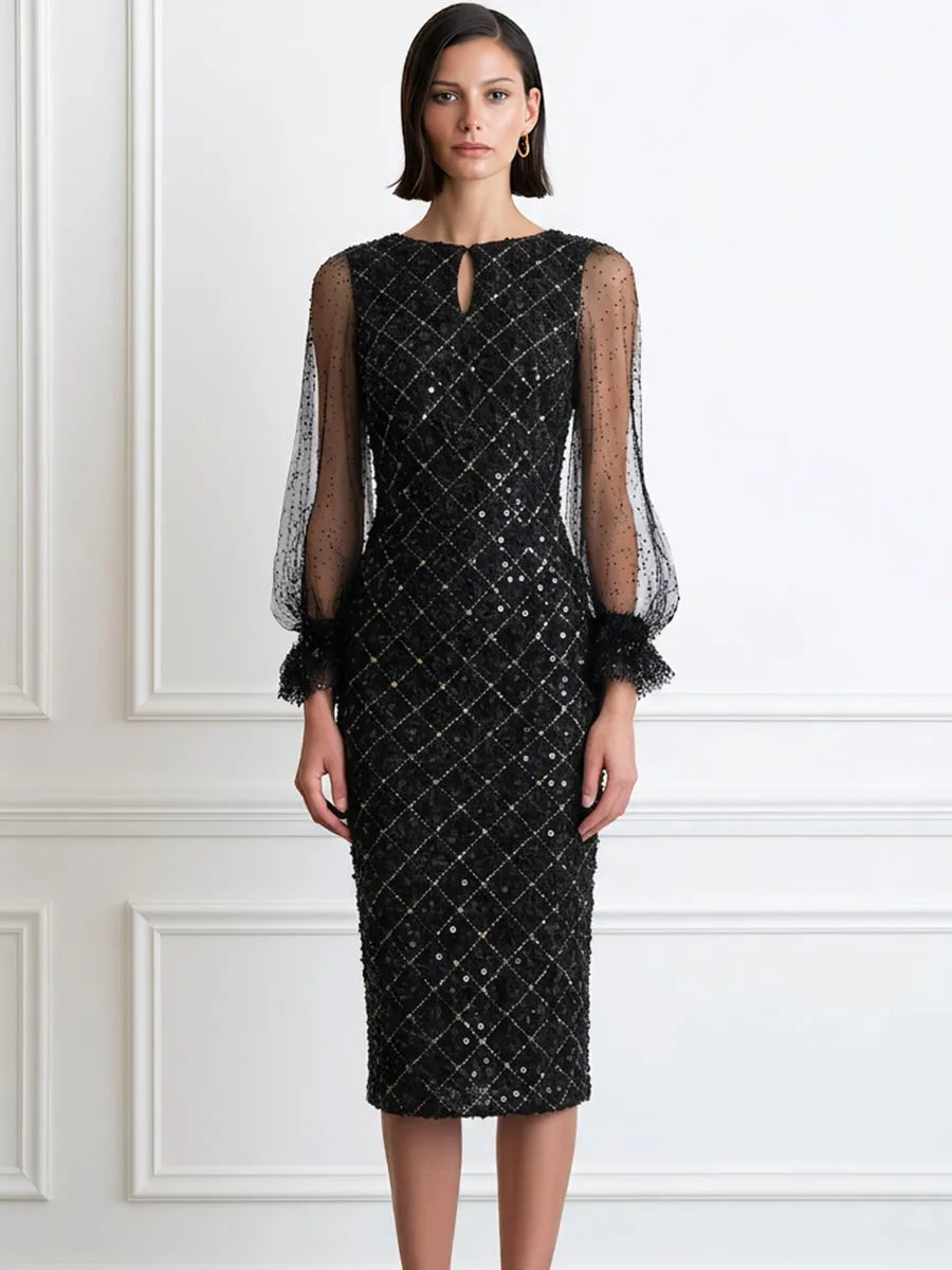 Sequin Diamond-Lattice Sheer Dot-Mesh Puff Sleeve Bodycon Midi Dress