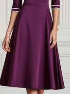 White Piping Boat Neck A-Line Satin Midi Dress
