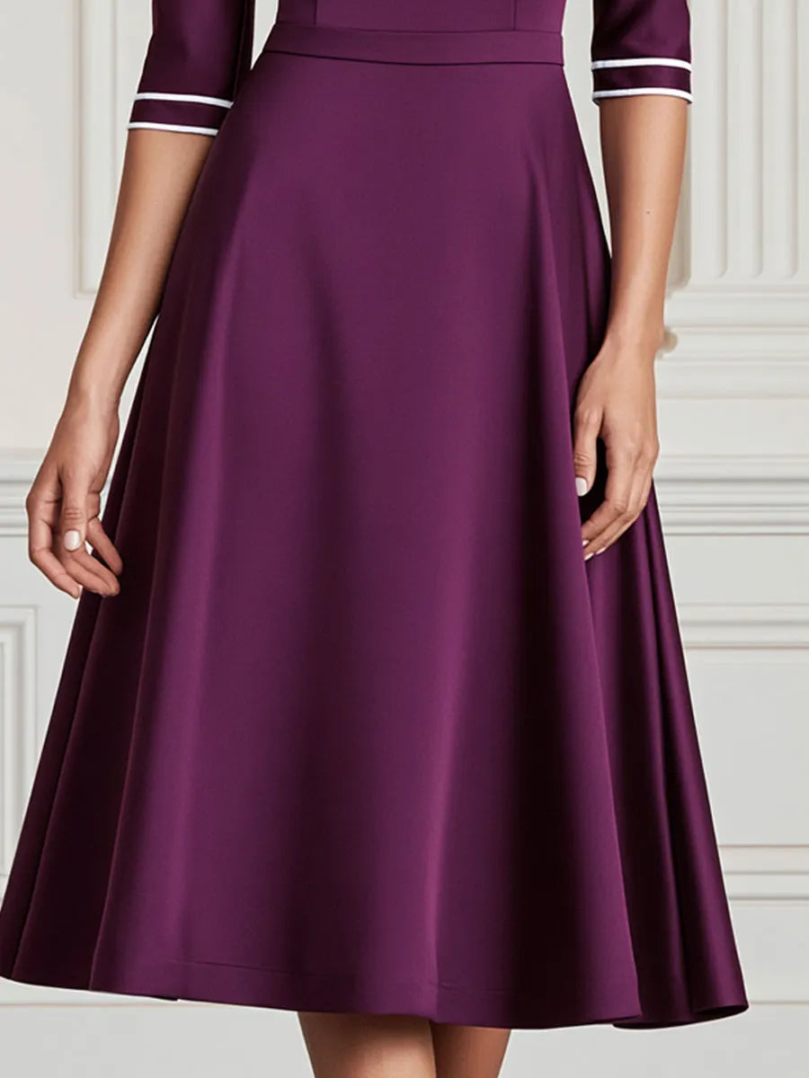 White Piping Boat Neck A-Line Satin Midi Dress