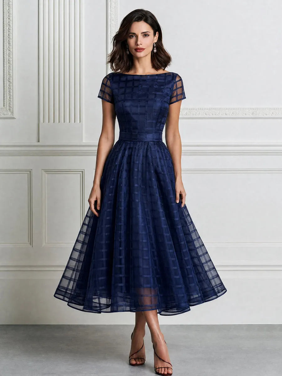 Elegant Checkered Mesh Sheer Sleeve A-Line Midi Dress