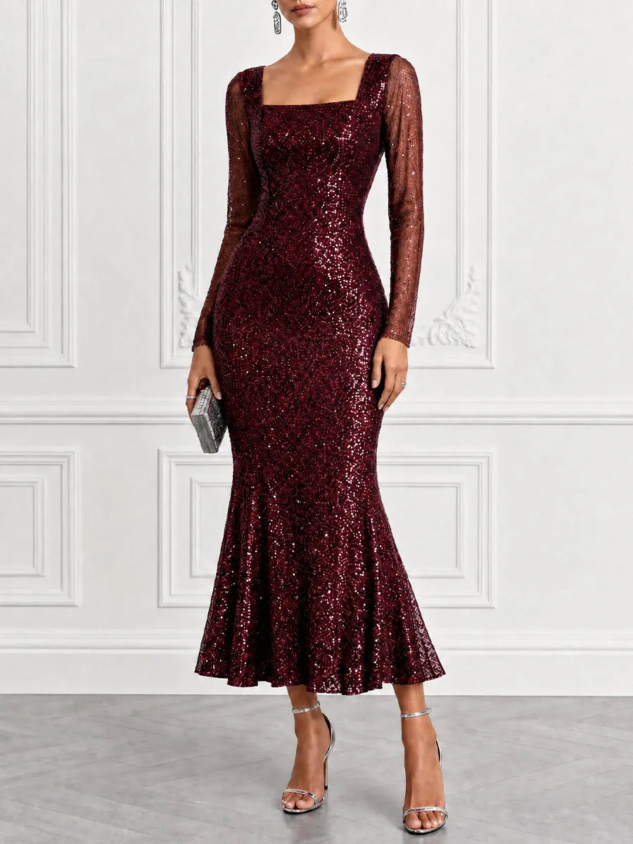 Square Neck Long Sleeve Formal Dress