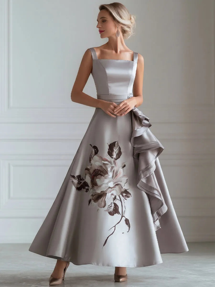 Sculptural Floral Ruffle Satin Evening Gown