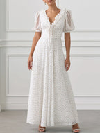 V-Neck Puff Sleeve Polka Dot Ruffle Maxi Dress