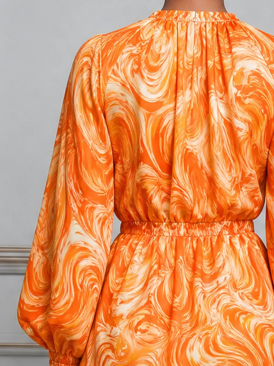 Orange Marble Print Chiffon Bishop Sleeve Blouse