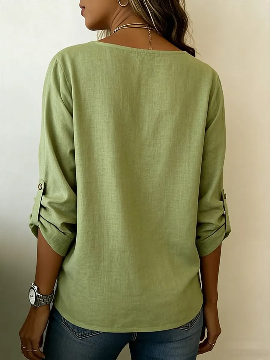 Women's Solid Color Round Neck Long-sleeved Casual Loose Cotton And Linen Top